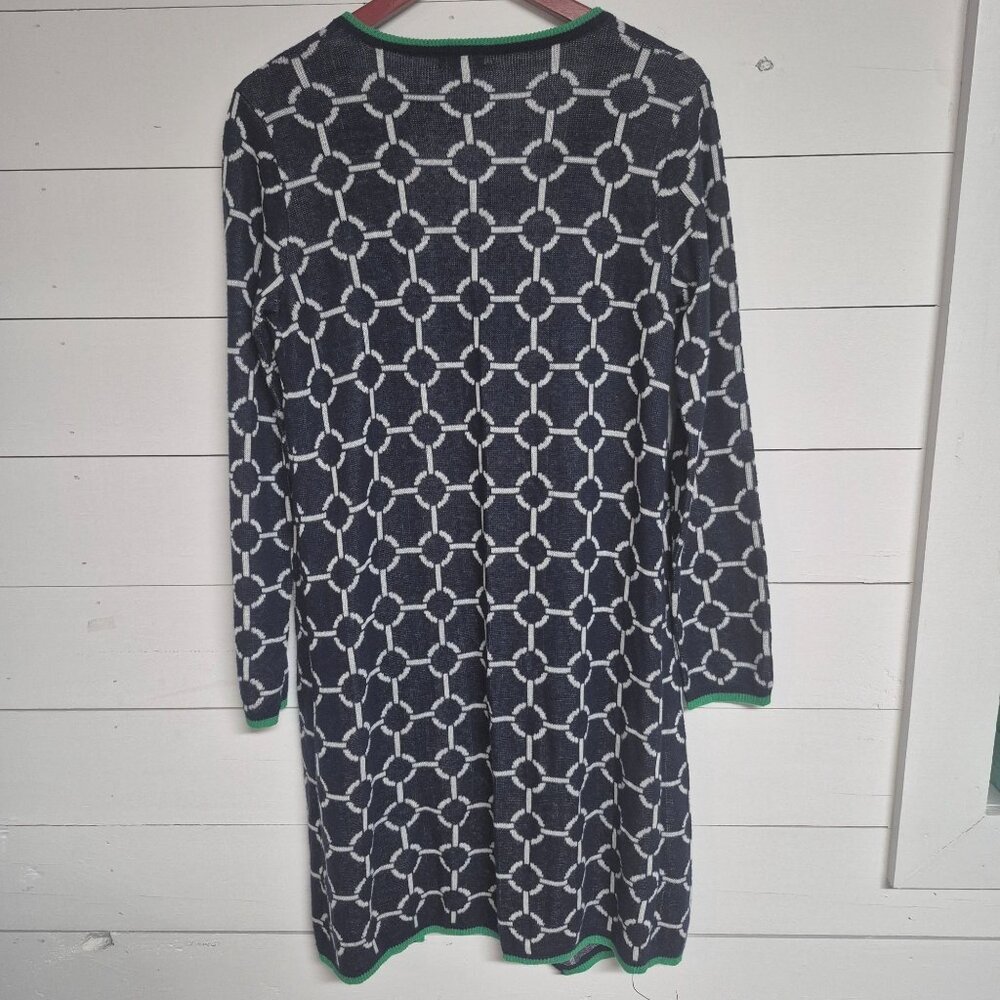 C by Bloomingdales Navy & White Chain Pattern Open Front Cardigan With Green Tri - Picture 5 of 7